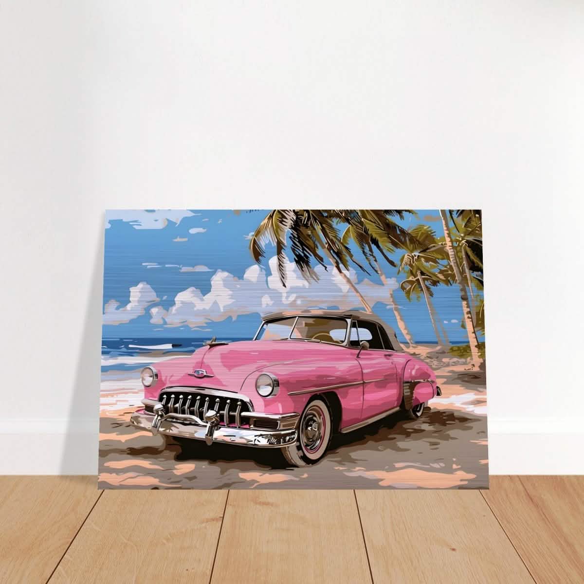 Retro Getaway – Pink Classic on the Beach | digital illustration with a vector - style aesthetic - 50x70 cm / 20x28″ - Brushed Aluminum Print -