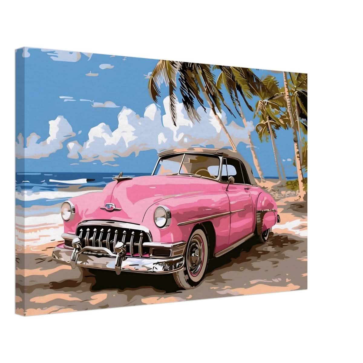 Retro Getaway – Pink Classic on the Beach | digital illustration with a vector - style aesthetic - 40x60 cm / 16x24″ - Canvas -