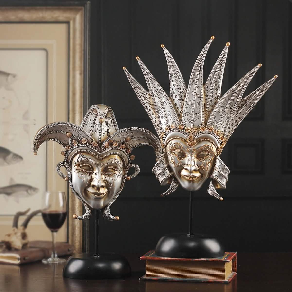 Retro Resin Venetian Masquerade Mask Sculptures – Sunburst, Plume & Jester Designs - Radiant Sunburst Mask -