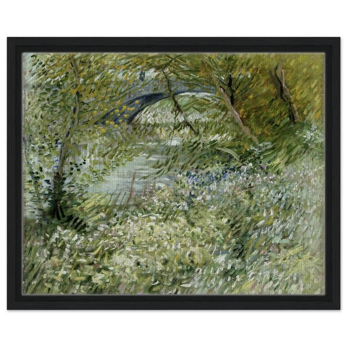 River Bank in Springtime by Vincent van Gogh | Vintage Nature Art wall art print - Framed Canvas - 40x50 cm / 16x20″ - Black frame