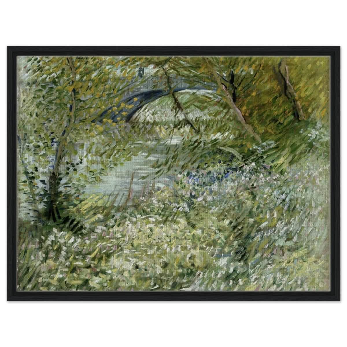 River Bank in Springtime by Vincent van Gogh | Vintage Nature Art wall art print - Framed Canvas - 60x80 cm / 24x32″ - Black frame