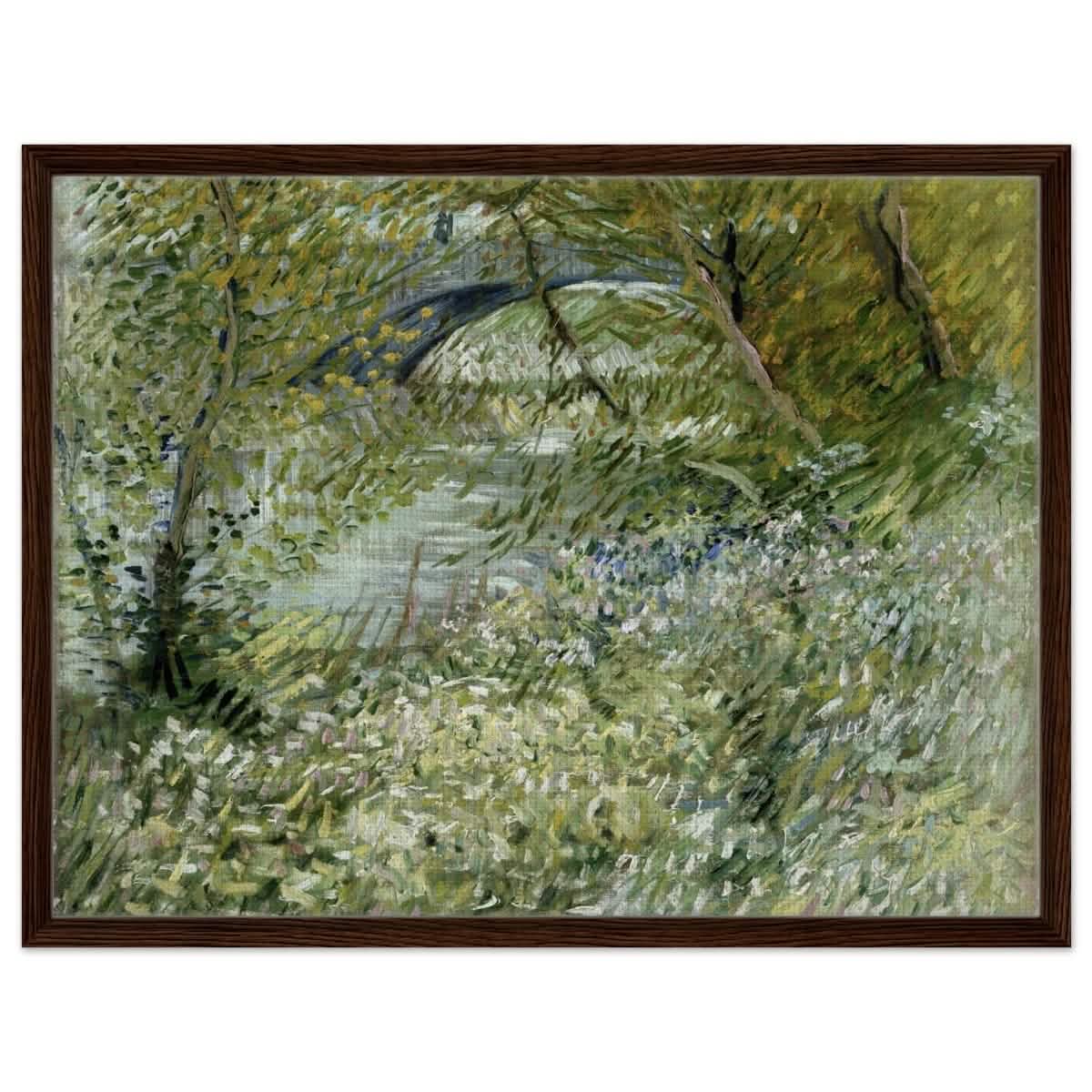 River Bank in Springtime by Vincent van Gogh | Vintage Nature Art wall art print - Framed Canvas - 60x80 cm / 24x32″ - Dark wood frame