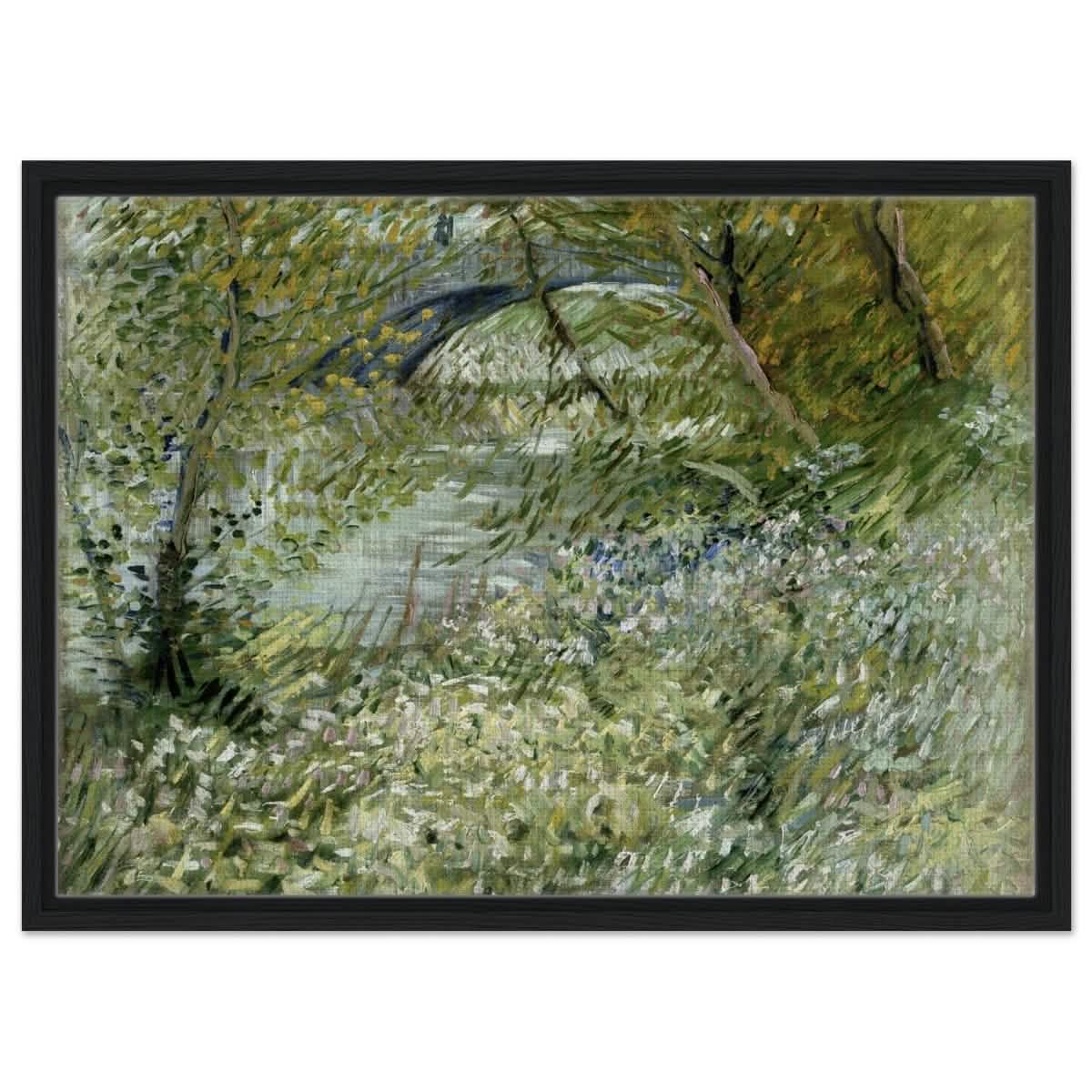 River Bank in Springtime by Vincent van Gogh | Vintage Nature Art wall art print - Framed Canvas - 50x70 cm / 20x28″ - Black frame