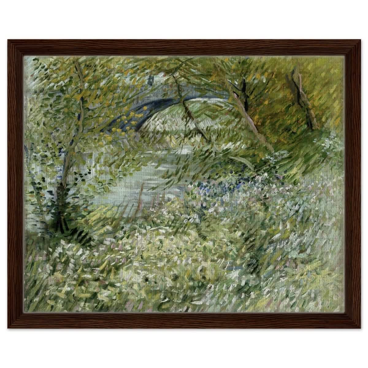 River Bank in Springtime by Vincent van Gogh | Vintage Nature Art wall art print - Framed Canvas - 40x50 cm / 16x20″ - Dark wood frame