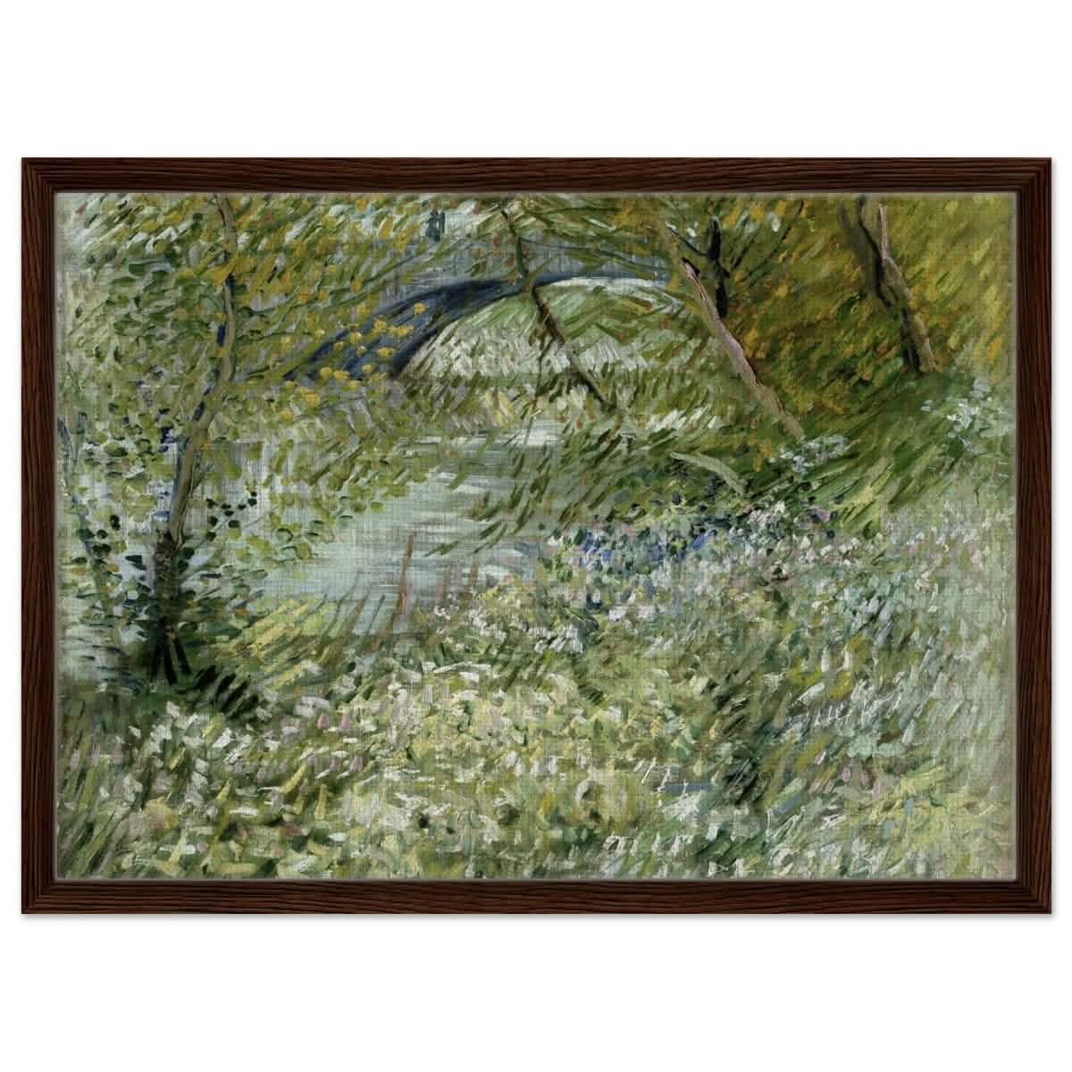 River Bank in Springtime by Vincent van Gogh | Vintage Nature Art wall art print - Framed Canvas - 50x70 cm / 20x28″ - Dark wood frame
