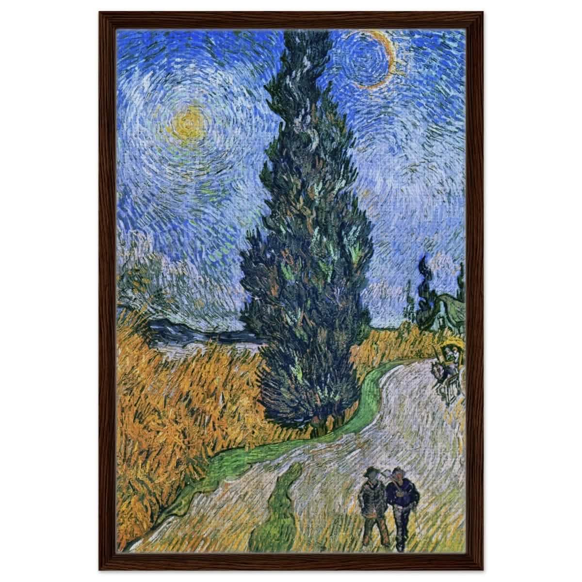 Road with Cypress and Star , 1890 by Vincent van Gogh | Vintage Art wall art print - Framed Canvas - 50x75 cm / 20x30″ - Dark wood frame