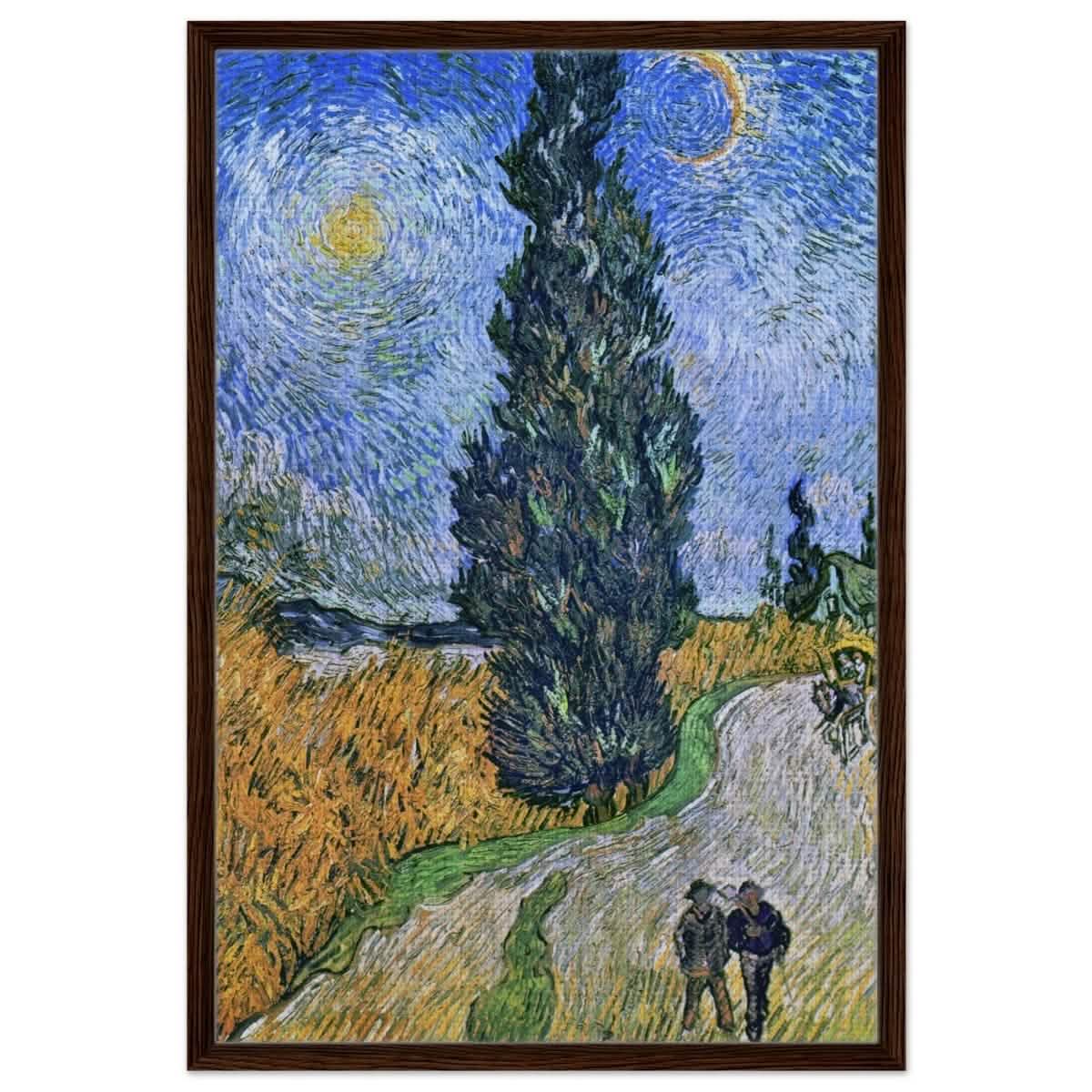 Road with Cypress and Star , 1890 by Vincent van Gogh | Vintage Art wall art print - Framed Canvas - 60x90 cm / 24x36″ - Dark wood frame