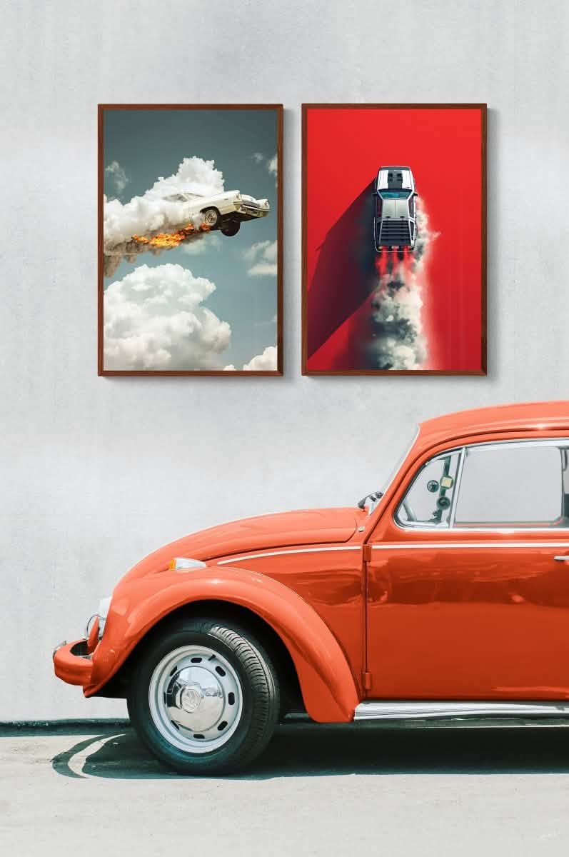 Rocket Ride | Vintage Car Art Duo Canvas & Framed Canvas Print set - Framed Canvas - 30X45 CM / 12X18″ - Dark wood frame