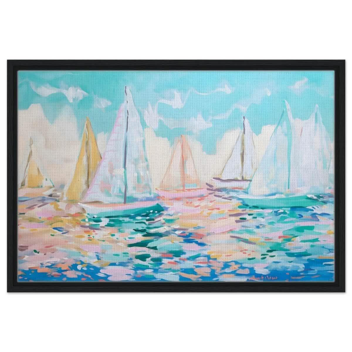 Sailboats in Harmony | Abstract Nautical Scene | Seascape Painting | wall art Print - Framed Canvas - 50x75 cm / 20x30″ - Black frame