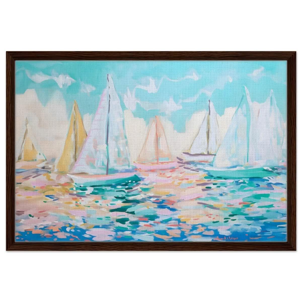 Sailboats in Harmony | Abstract Nautical Scene | Seascape Painting | wall art Print - Framed Canvas - 50x75 cm / 20x30″ - Dark wood frame
