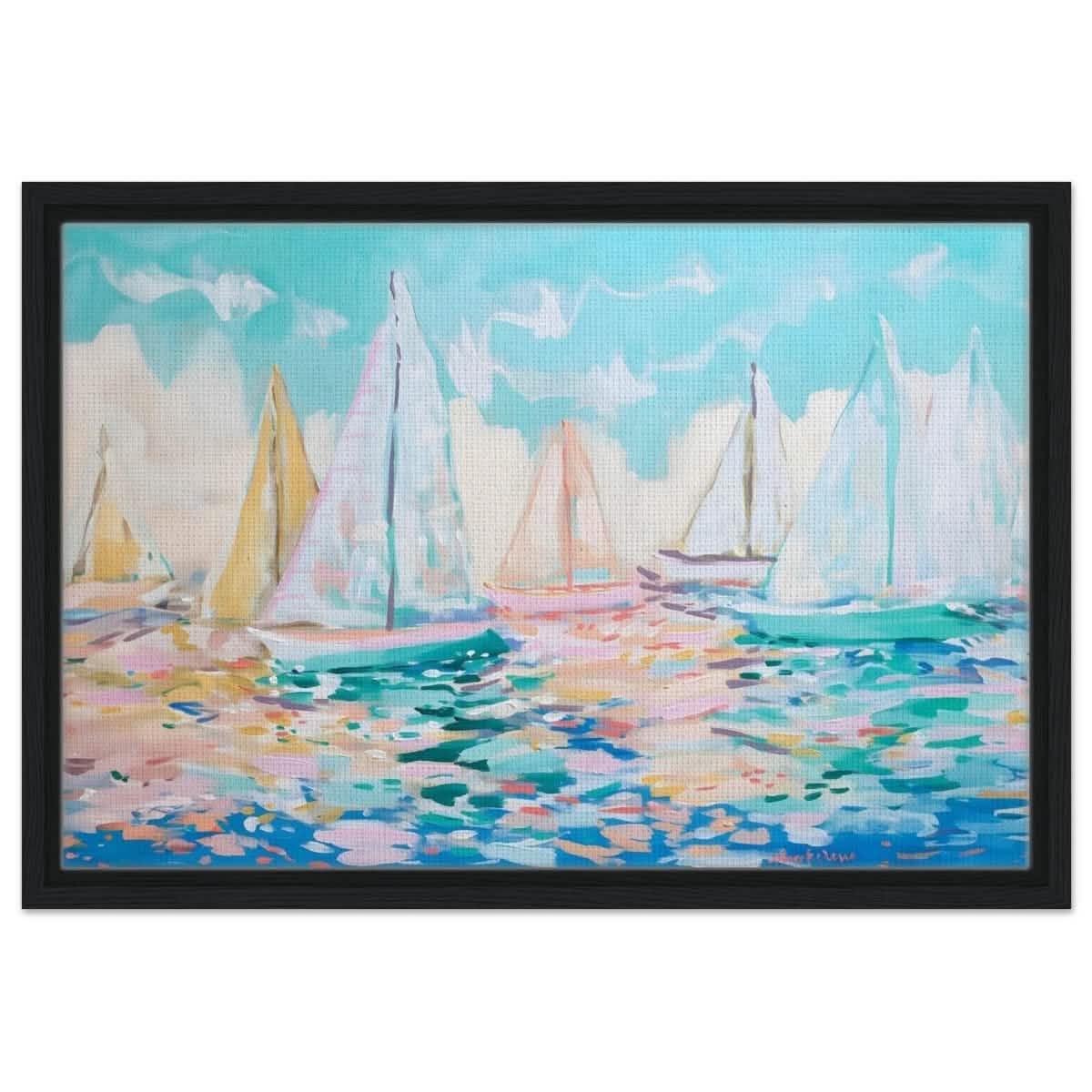 Sailboats in Harmony | Abstract Nautical Scene | Seascape Painting | wall art Print - Framed Canvas - 40x60 cm / 16x24″ - Black frame