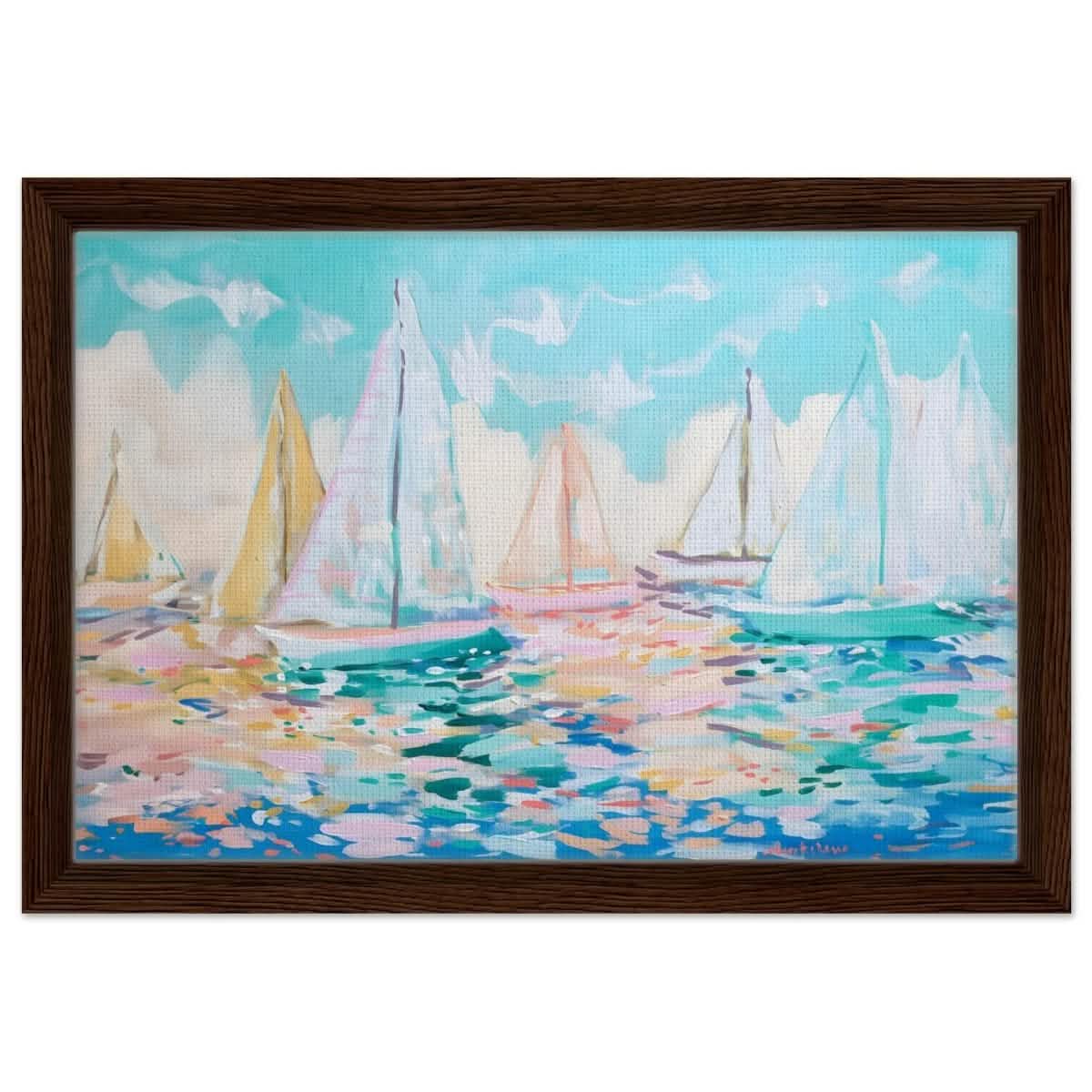 Sailboats in Harmony | Abstract Nautical Scene | Seascape Painting | wall art Print - Framed Canvas - 30x45 cm / 12x18″ - Dark wood frame