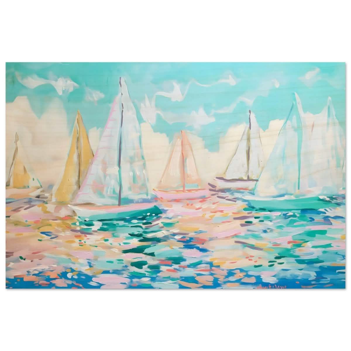 Sailboats in Harmony | Abstract Nautical Scene | Seascape Painting | wall art Print - Wood Prints - 30x45 cm / 12x18″ -
