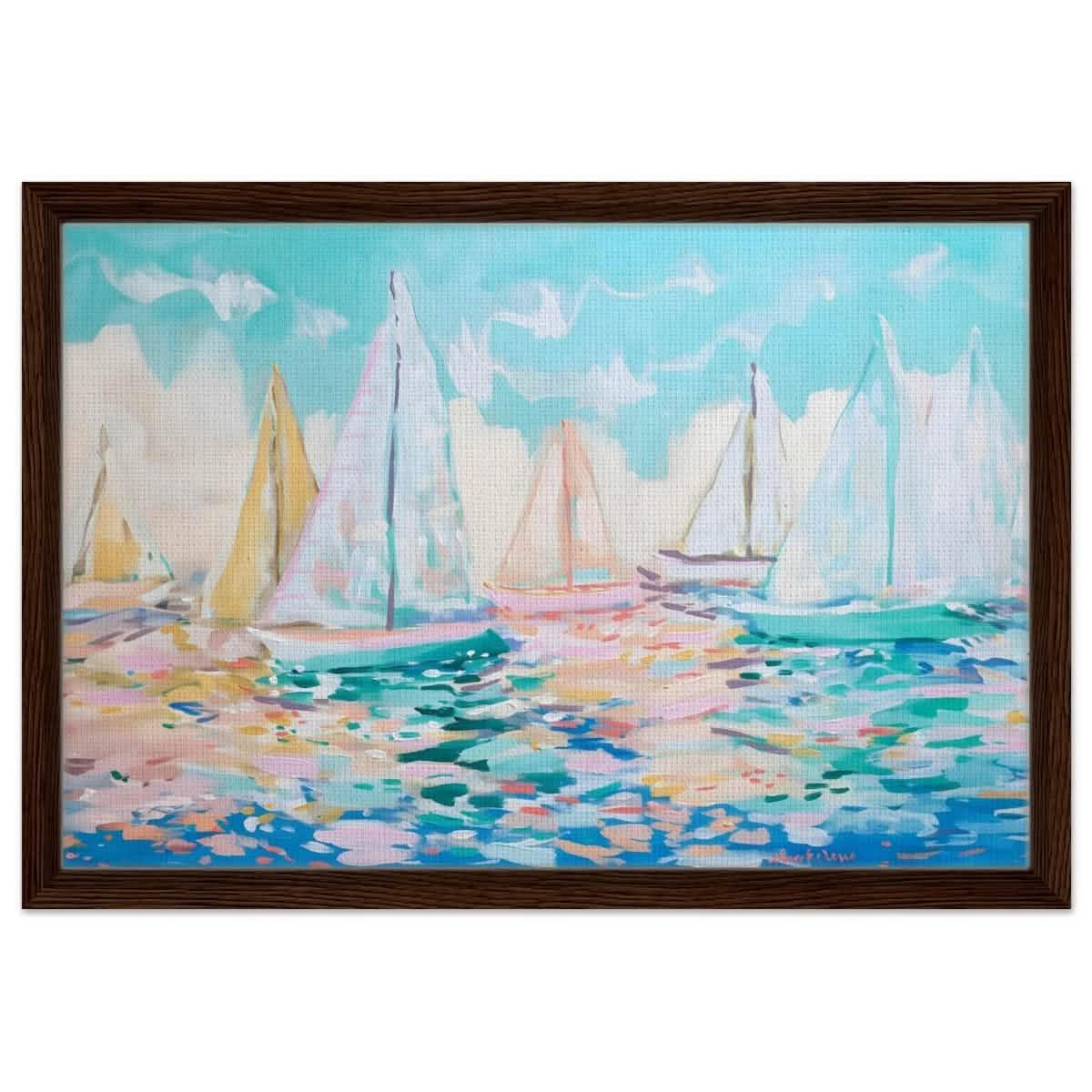 Sailboats in Harmony | Abstract Nautical Scene | Seascape Painting | wall art Print - Framed Canvas - 40x60 cm / 16x24″ - Dark wood frame