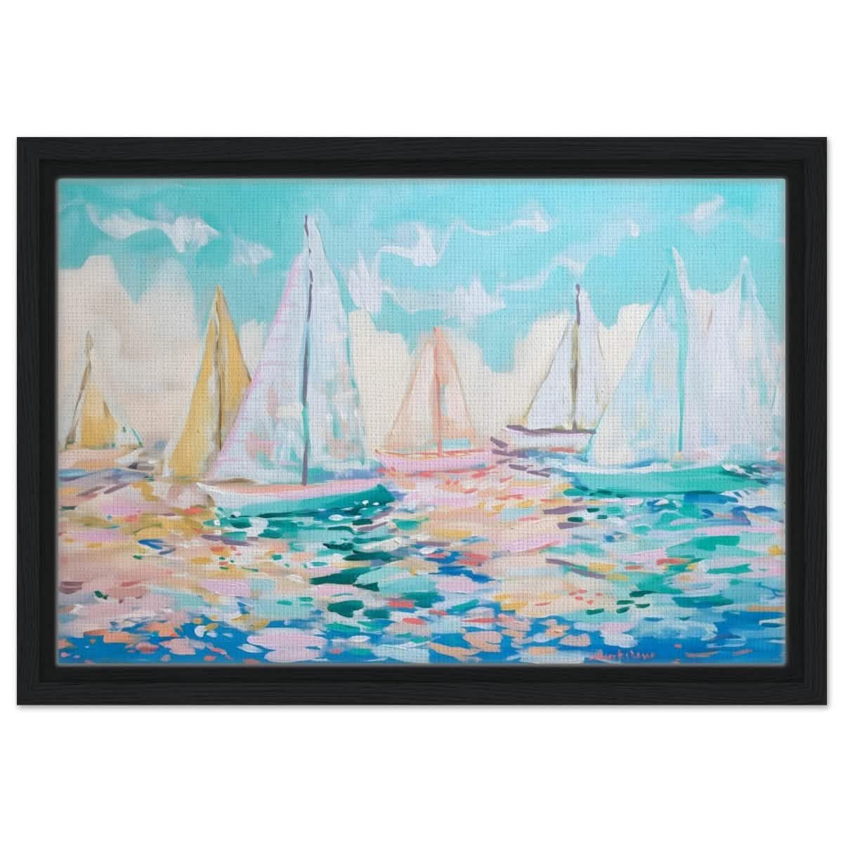 Sailboats in Harmony | Abstract Nautical Scene | Seascape Painting | wall art Print - Framed Canvas - 30x45 cm / 12x18″ - Black frame