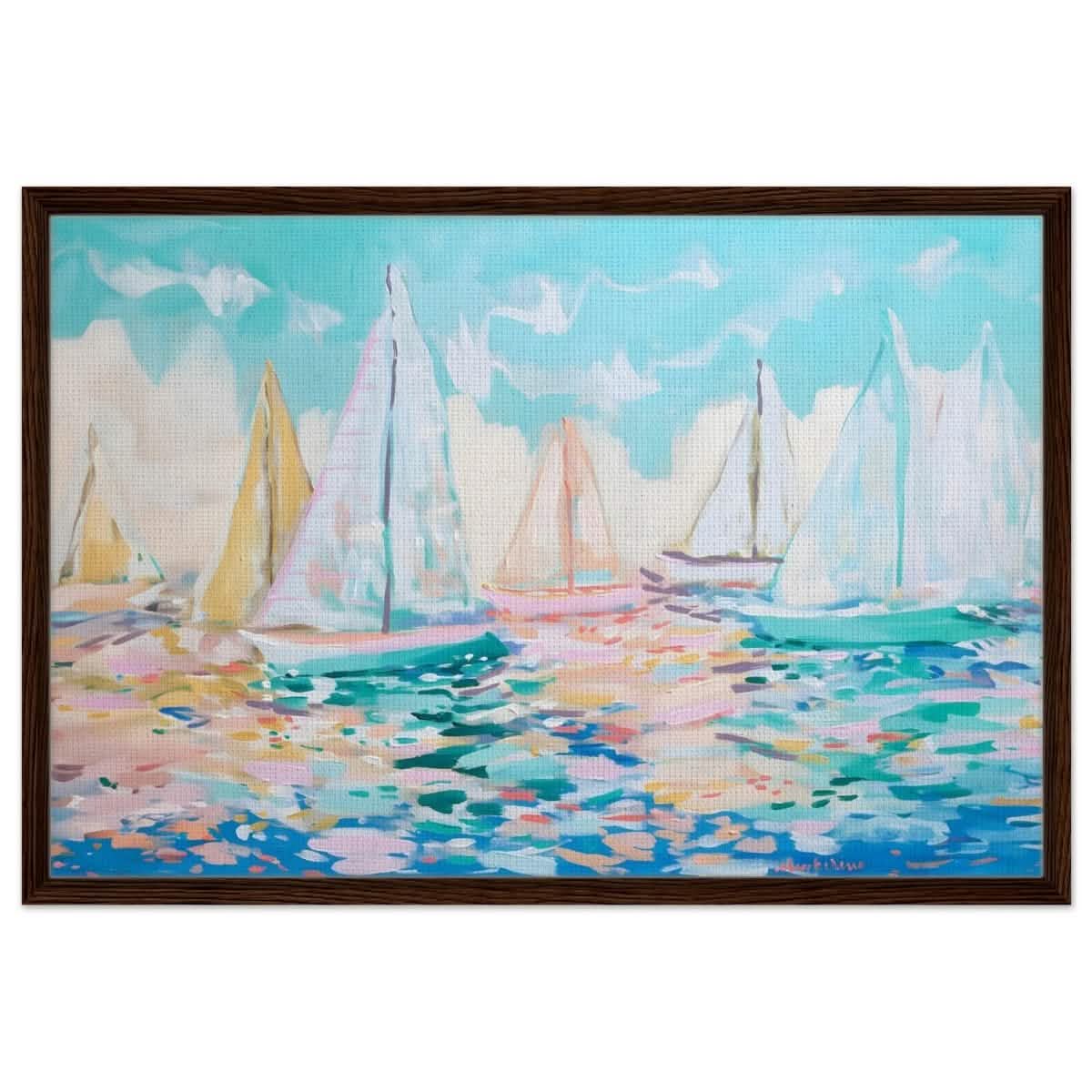 Sailboats in Harmony | Abstract Nautical Scene | Seascape Painting | wall art Print - Framed Canvas - 60x90 cm / 24x36″ - Dark wood frame