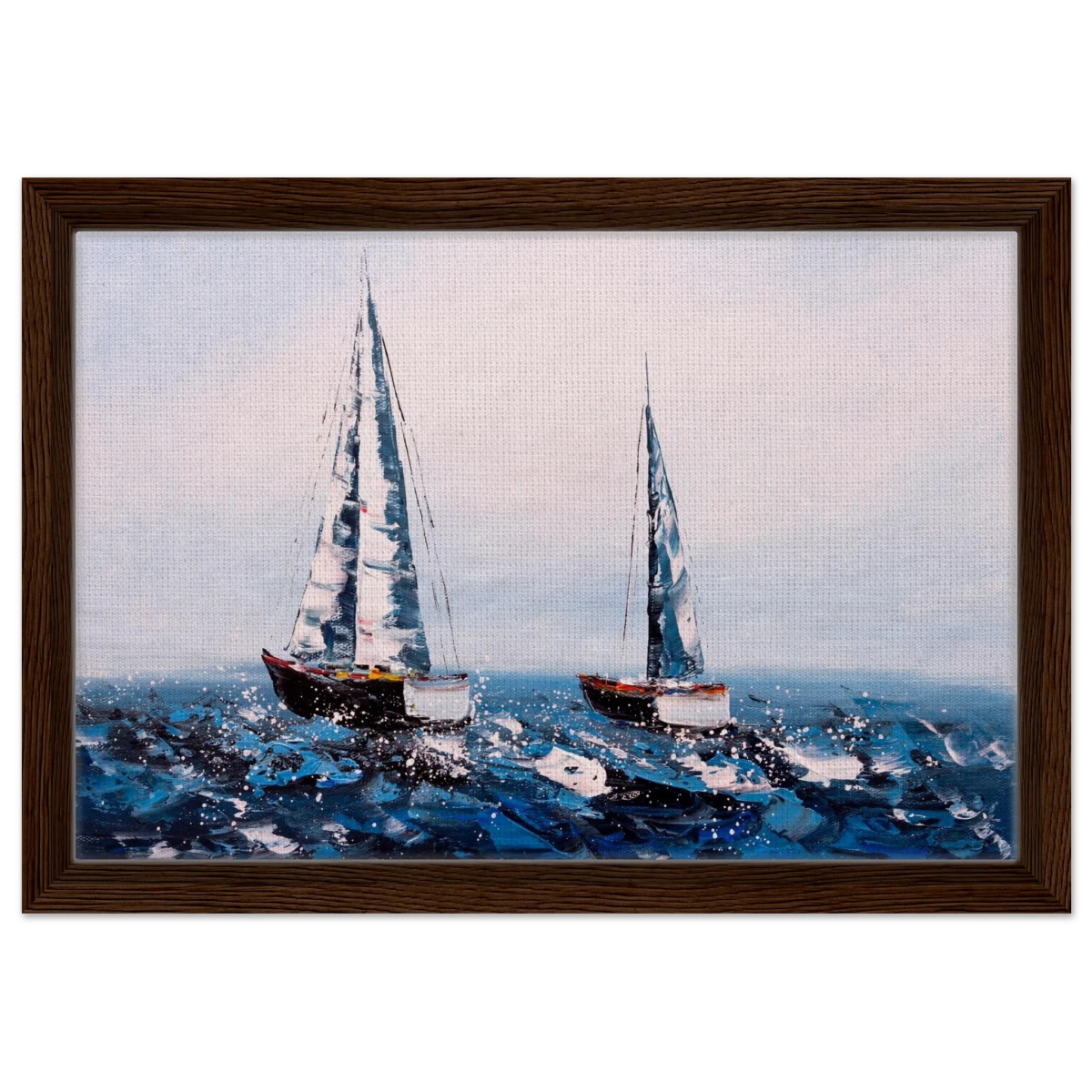 Sailing the Waves – Nautical Seascape Wall Art Print - Framed Canvas - 30x45 cm / 12x18″ - Dark wood frame