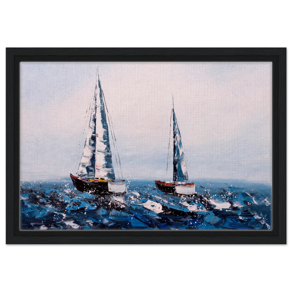 Sailing the Waves – Nautical Seascape Wall Art Print - Framed Canvas - 30x45 cm / 12x18″ - Black frame