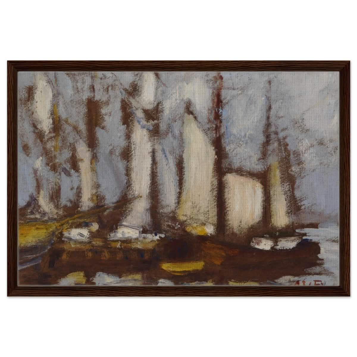 Sailing vessels, 1929, by Alfred William Finch | Vintage wall art print - Framed Canvas - 50x75 cm / 20x30″ - Dark wood frame