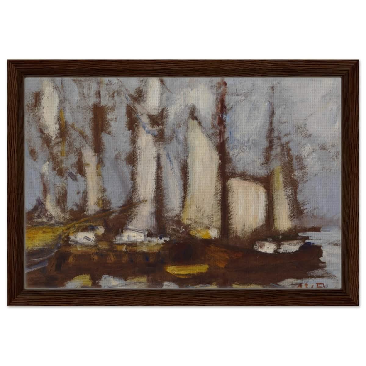Sailing vessels, 1929, by Alfred William Finch | Vintage wall art print - Framed Canvas - 30x45 cm / 12x18″ - Dark wood frame