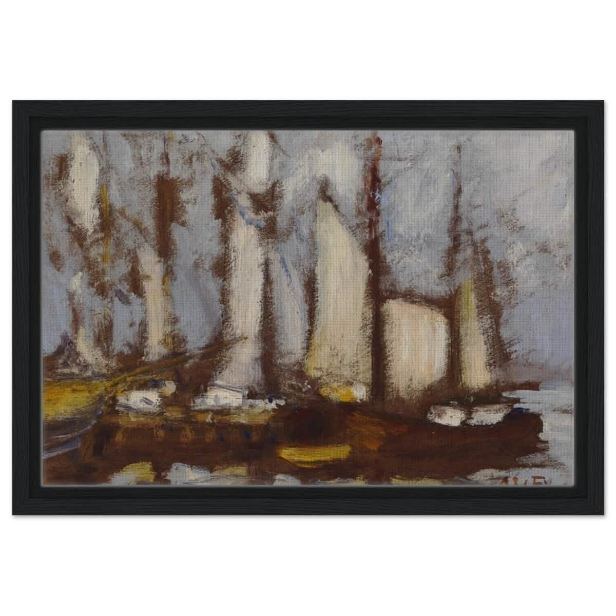 Sailing vessels, 1929, by Alfred William Finch | Vintage wall art print - Framed Canvas - 30x45 cm / 12x18″ - Black frame