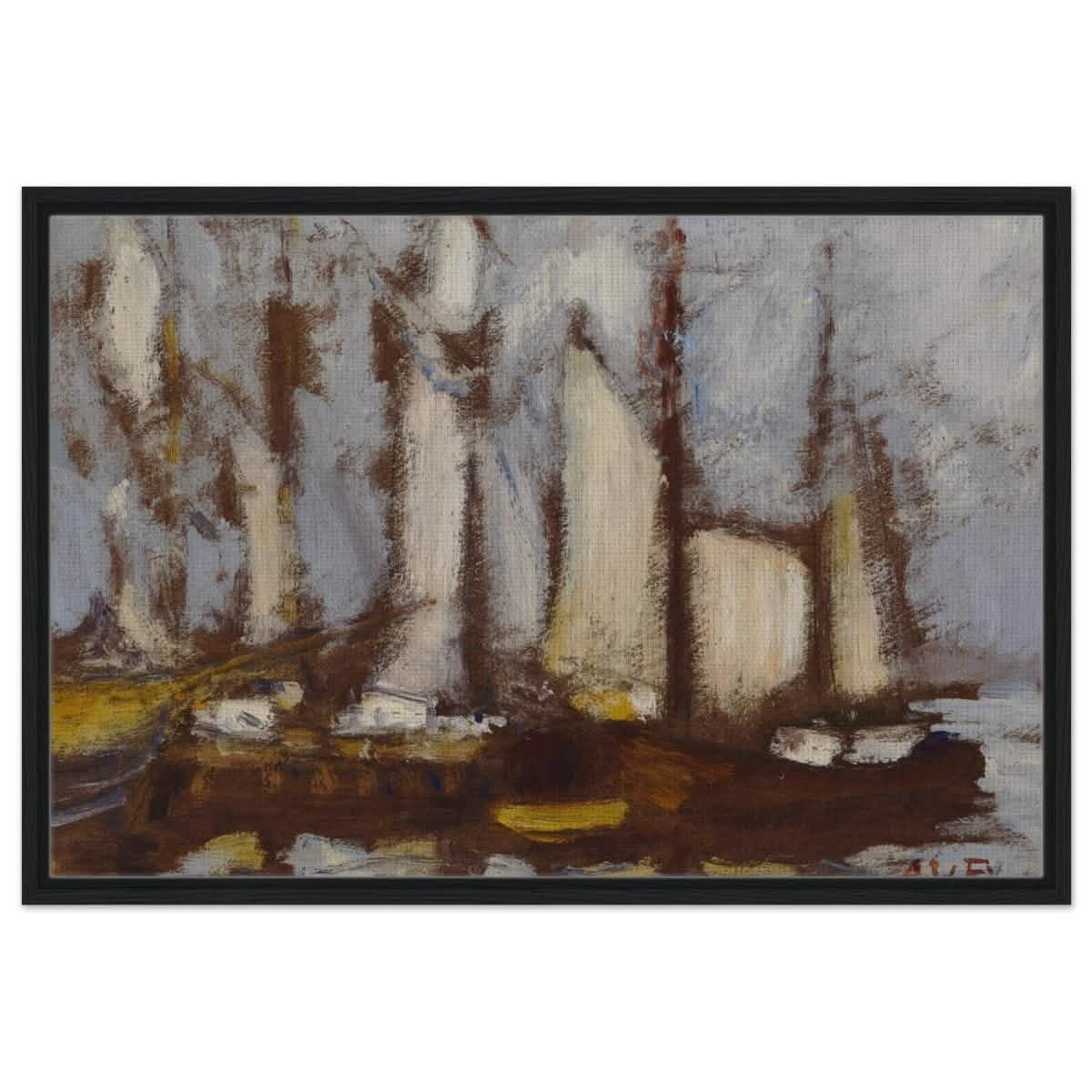 Sailing vessels, 1929, by Alfred William Finch | Vintage wall art print - Framed Canvas - 60x90 cm / 24x36″ - Black frame