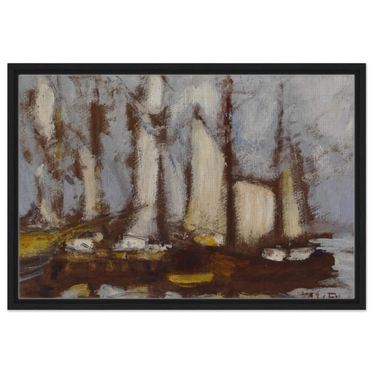 Sailing vessels, 1929, by Alfred William Finch | Vintage wall art print - Framed Canvas - 50x75 cm / 20x30″ - Black frame