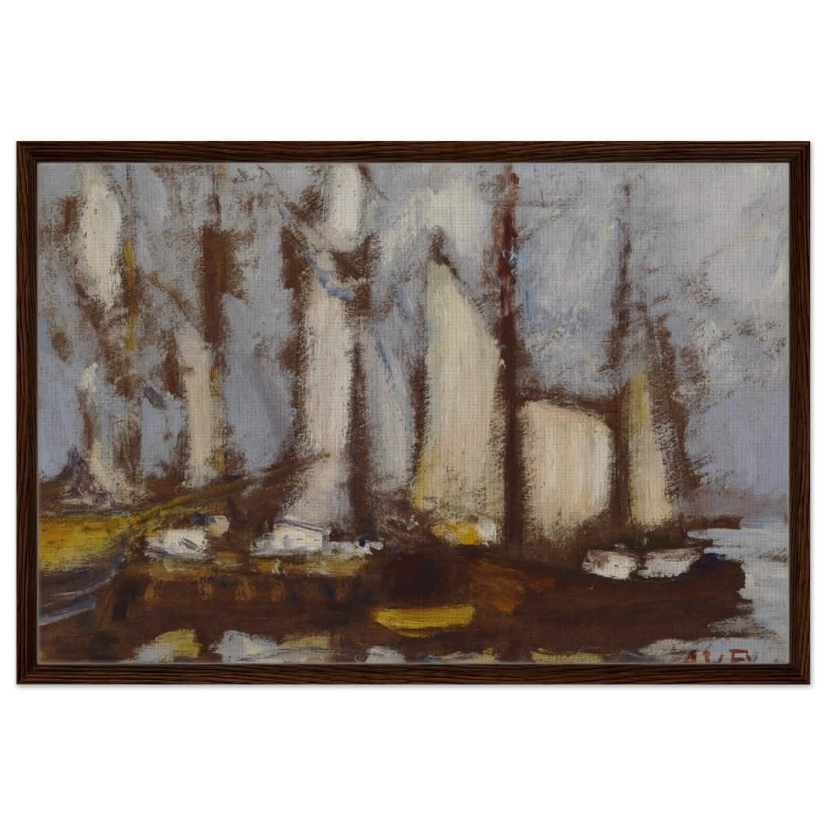 Sailing vessels, 1929, by Alfred William Finch | Vintage wall art print - Framed Canvas - 60x90 cm / 24x36″ - Dark wood frame