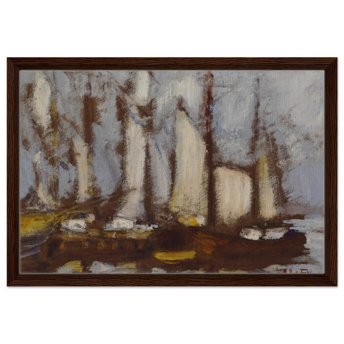 Sailing vessels, 1929, by Alfred William Finch | Vintage wall art print - Framed Canvas - 40x60 cm / 16x24″ - Dark wood frame