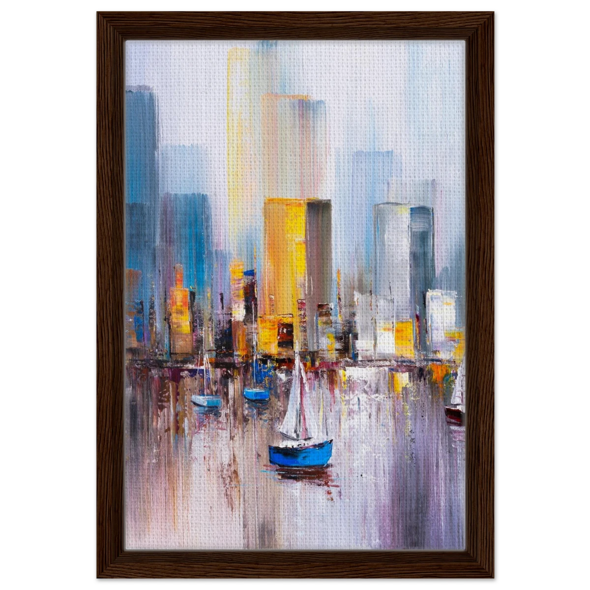 “Sails & Skylines” – Urban Reflections in Motion | Modern Wall art Print - Framed Canvas - 30x45 cm / 12x18″ - Dark wood frame