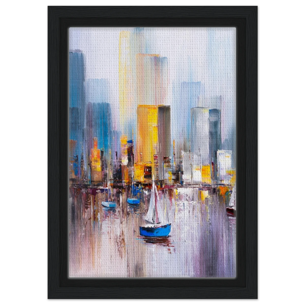“Sails & Skylines” – Urban Reflections in Motion | Modern Wall art Print - Framed Canvas - 20x30 cm / 8x12″ - Black frame