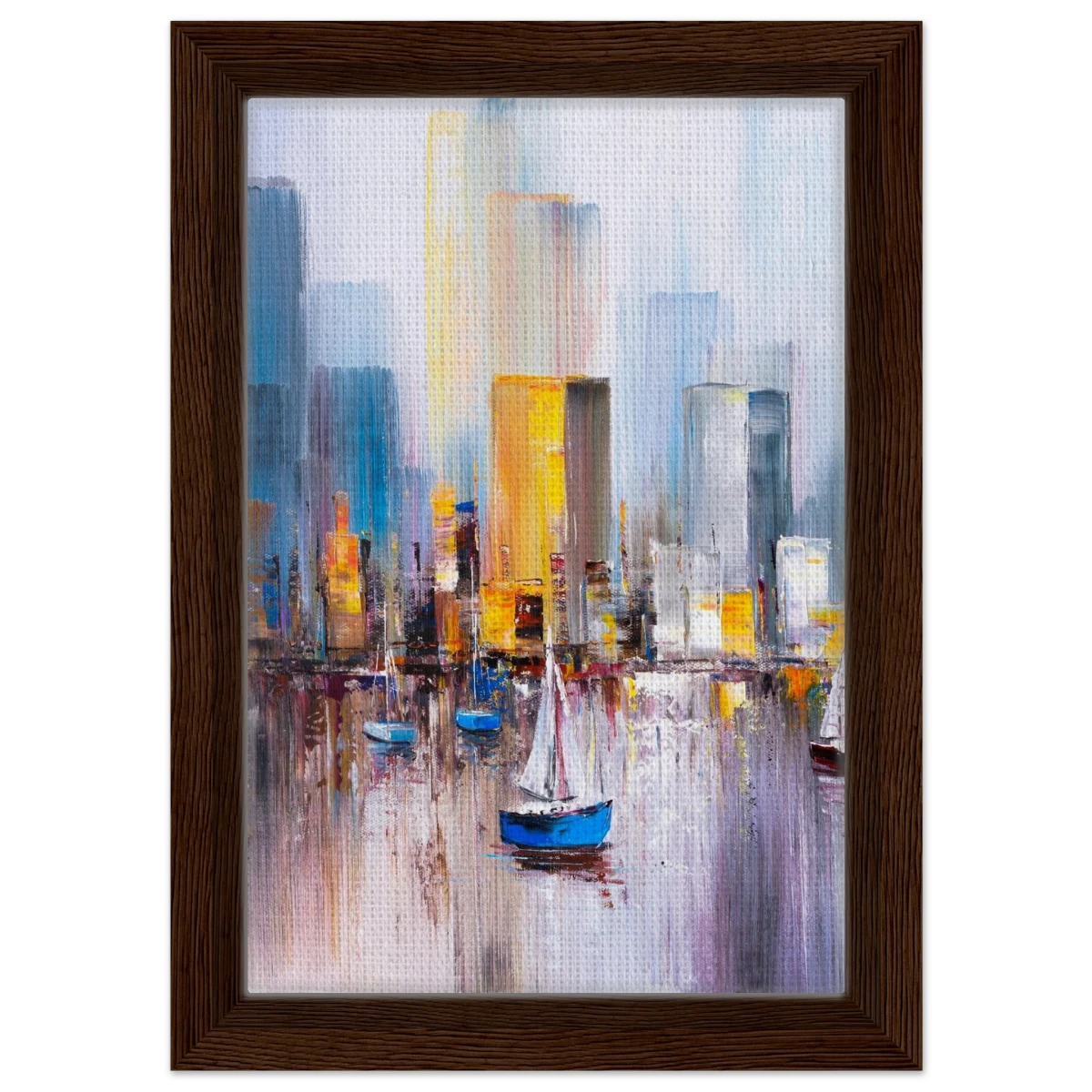 “Sails & Skylines” – Urban Reflections in Motion | Modern Wall art Print - Framed Canvas - 20x30 cm / 8x12″ - Dark wood frame