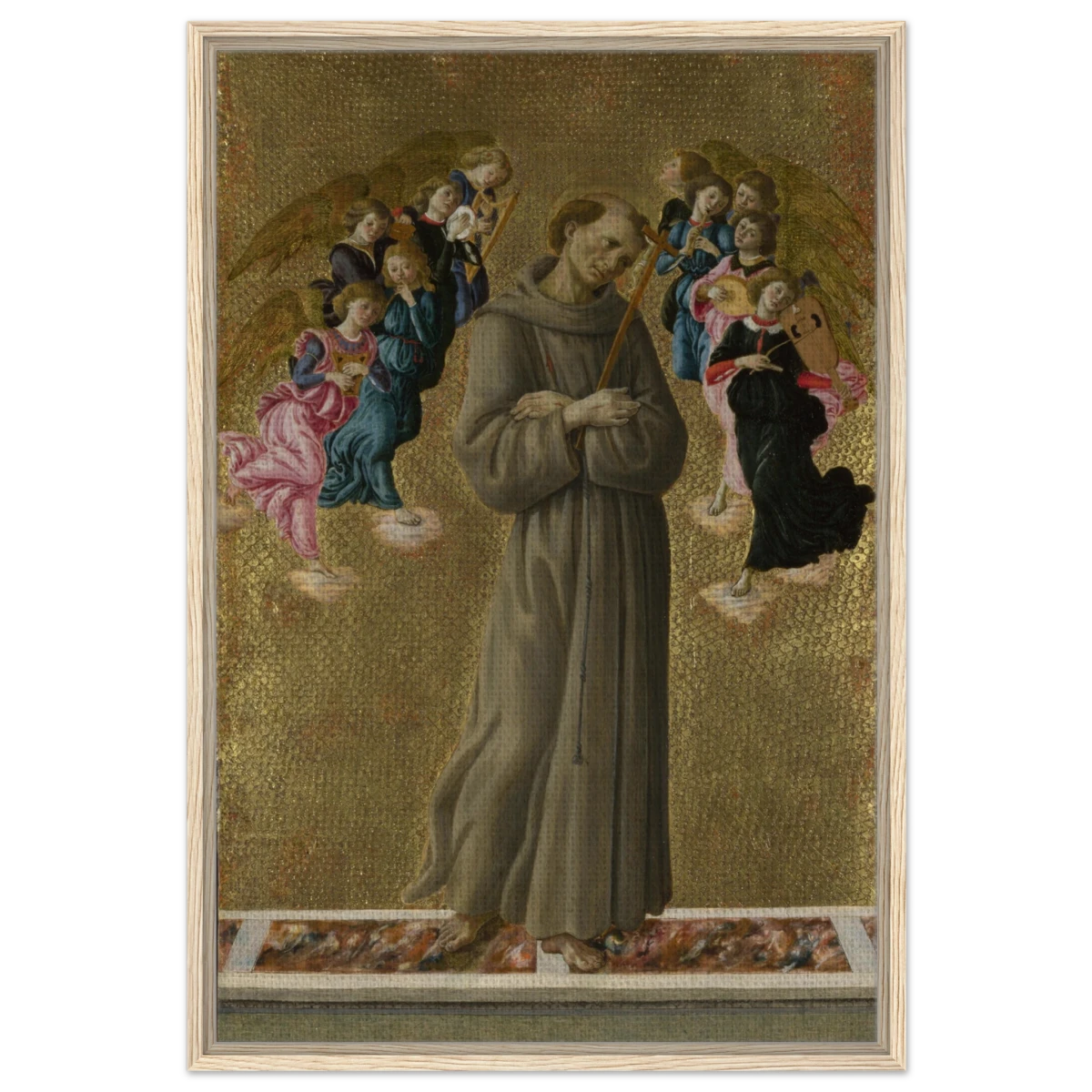 Saint Francis of Assisi with Angels by Sandro Botticelli | Vintage art Wall art print - 60x90 cm / 24x36″ - Framed Canvas - Wood frame