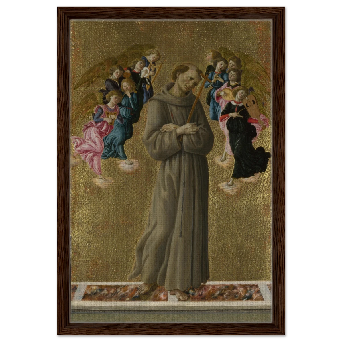 Saint Francis of Assisi with Angels by Sandro Botticelli | Vintage art Wall art print - 40x60 cm / 16x24″ - Framed Canvas - Dark wood frame