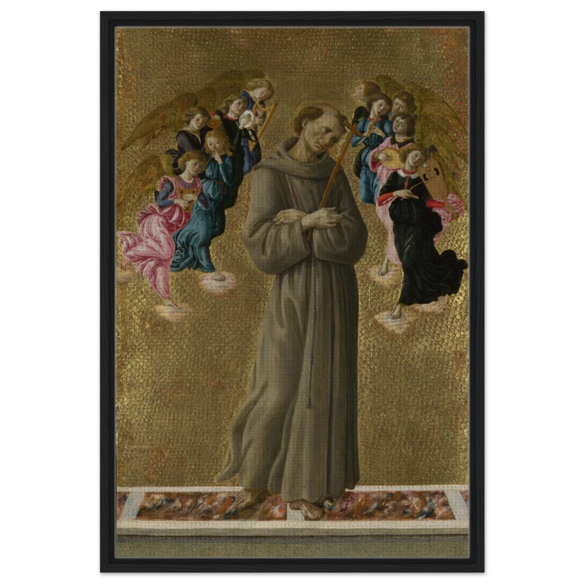 Saint Francis of Assisi with Angels by Sandro Botticelli | Vintage art Wall art print - 60x90 cm / 24x36″ - Framed Canvas - Black frame