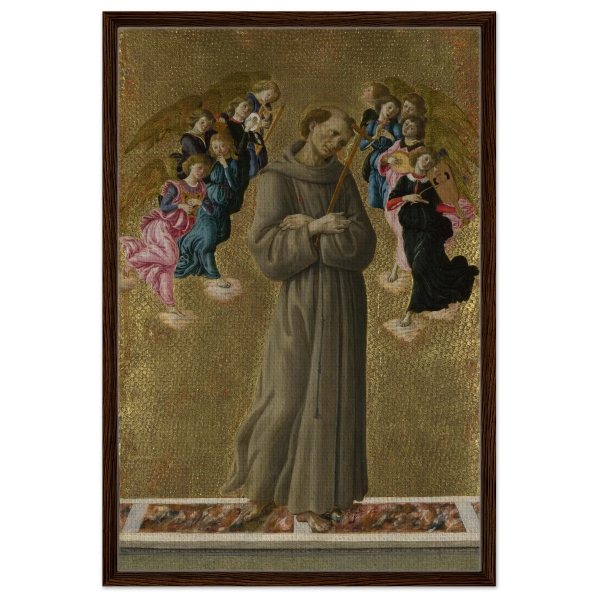 Saint Francis of Assisi with Angels by Sandro Botticelli | Vintage art Wall art print - 60x90 cm / 24x36″ - Framed Canvas - Dark wood frame