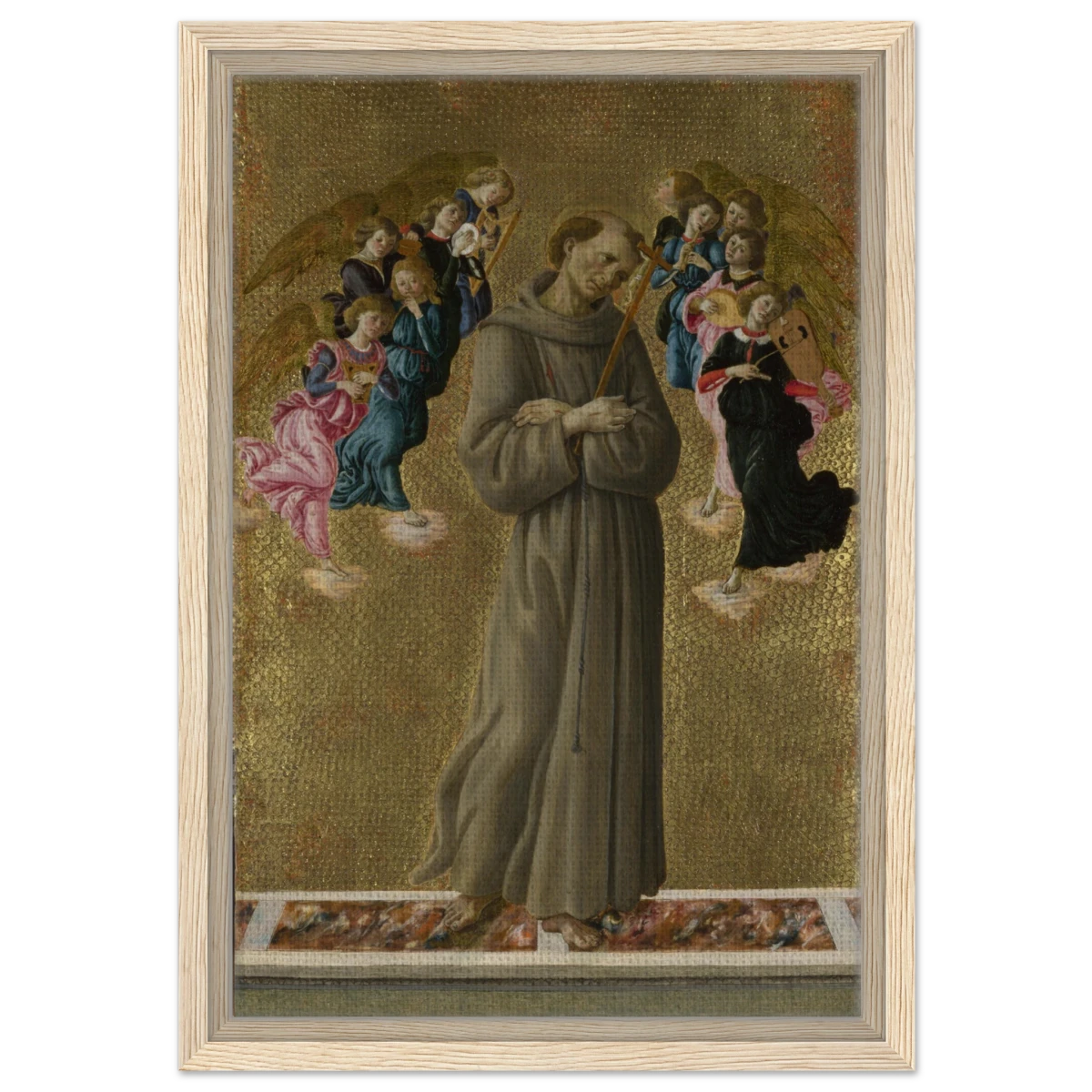 Saint Francis of Assisi with Angels by Sandro Botticelli | Vintage art Wall art print - 30x45 cm / 12x18″ - Framed Canvas - Wood frame