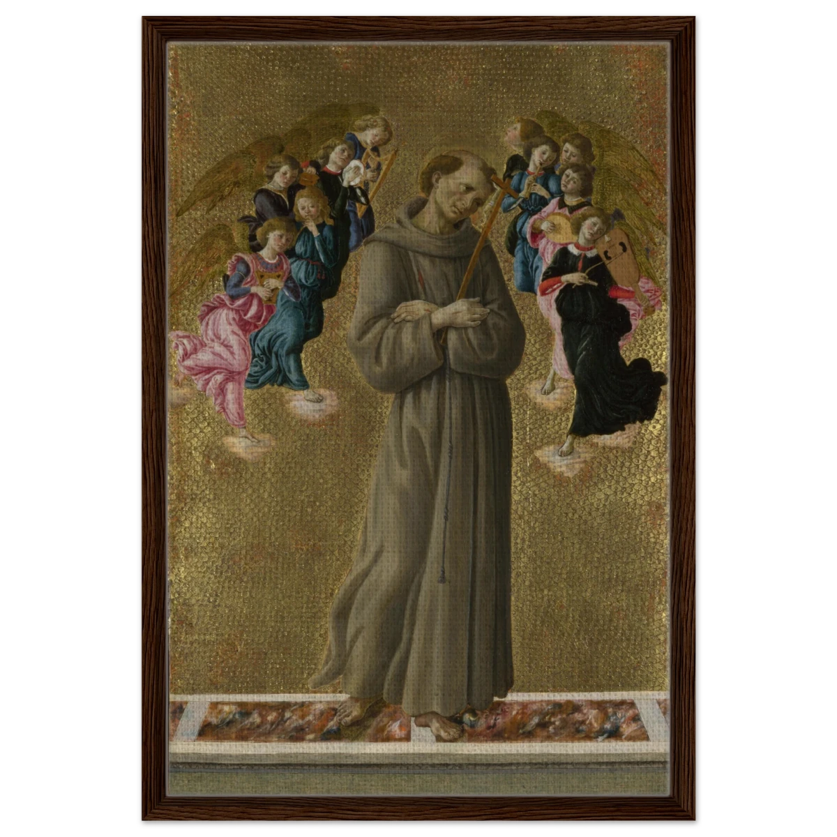 Saint Francis of Assisi with Angels by Sandro Botticelli | Vintage art Wall art print - 50x75 cm / 20x30″ - Framed Canvas - Dark wood frame