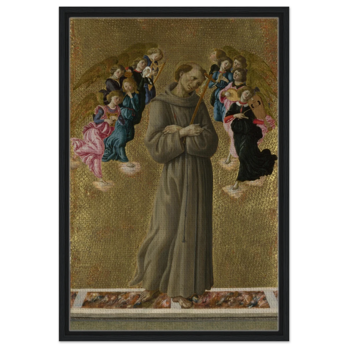 Saint Francis of Assisi with Angels by Sandro Botticelli | Vintage art Wall art print - 50x75 cm / 20x30″ - Framed Canvas - Black frame
