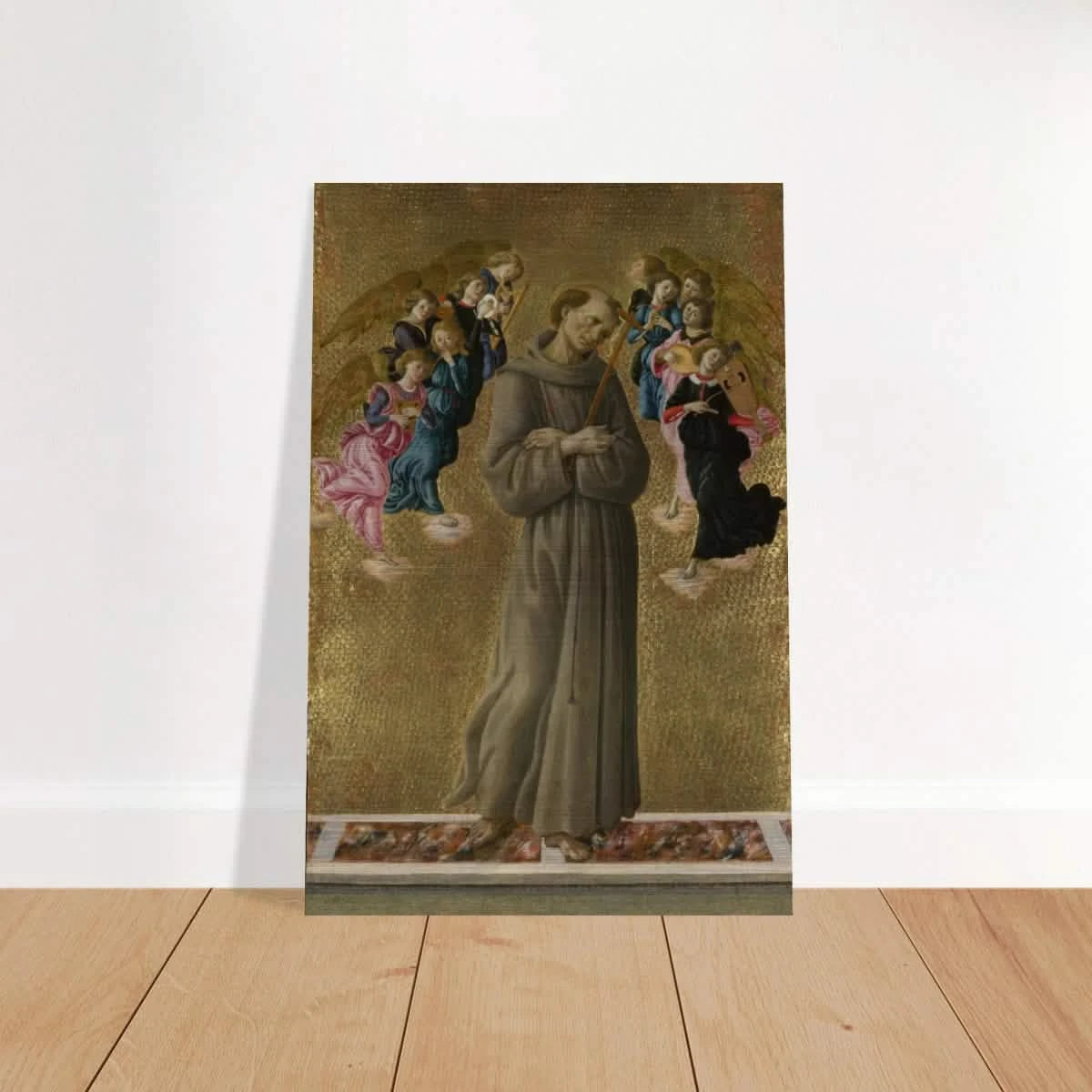 Saint Francis of Assisi with Angels by Sandro Botticelli | Vintage art Wall art print - 30x45 cm / 12x18″ - Brushed Aluminum Print -