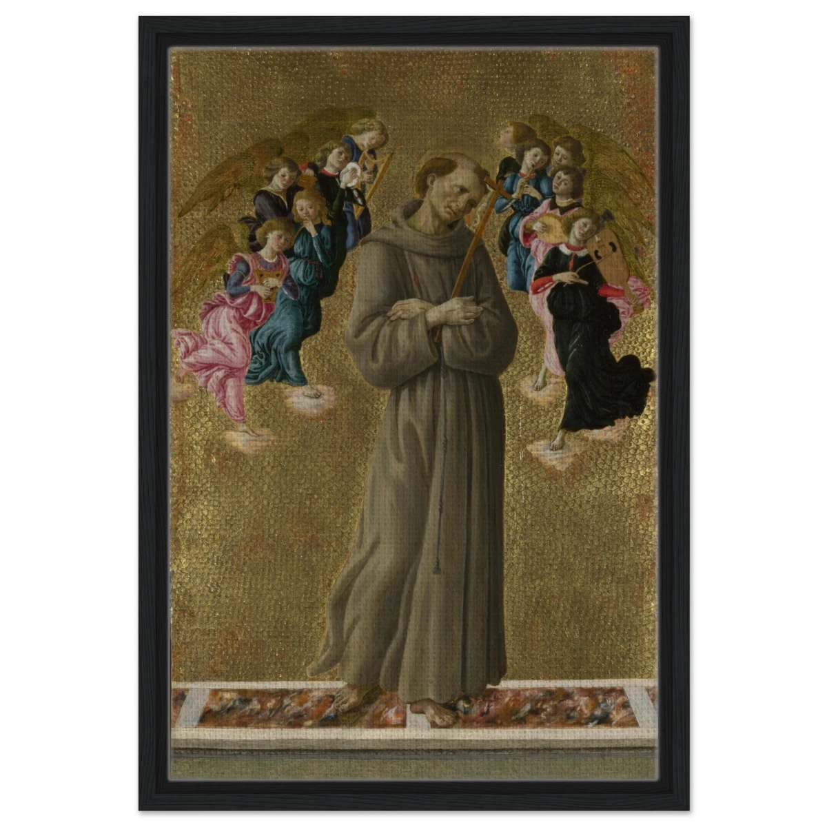 Saint Francis of Assisi with Angels by Sandro Botticelli | Vintage art Wall art print - 40x60 cm / 16x24″ - Framed Canvas - Black frame