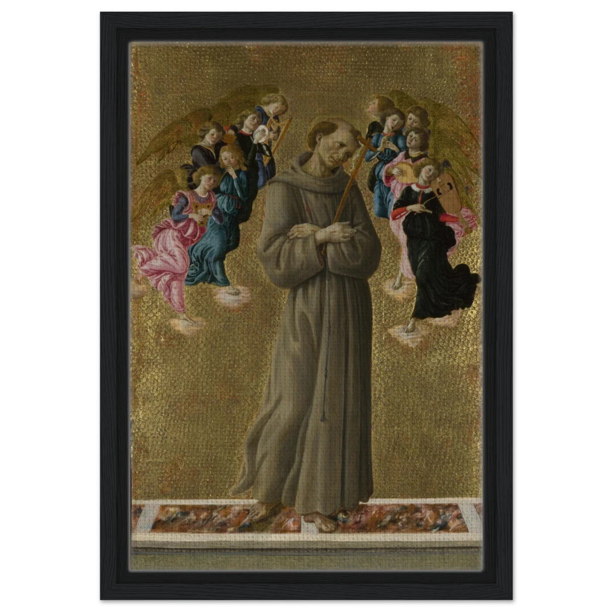 Saint Francis of Assisi with Angels by Sandro Botticelli | Vintage art Wall art print - 30x45 cm / 12x18″ - Framed Canvas - Black frame