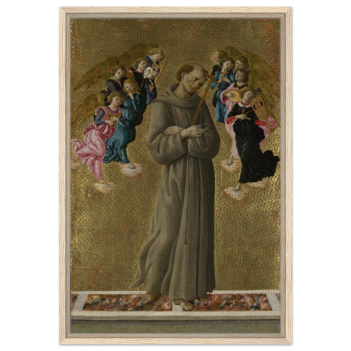 Saint Francis of Assisi with Angels by Sandro Botticelli | Vintage art Wall art print - 50x75 cm / 20x30″ - Framed Canvas - Wood frame
