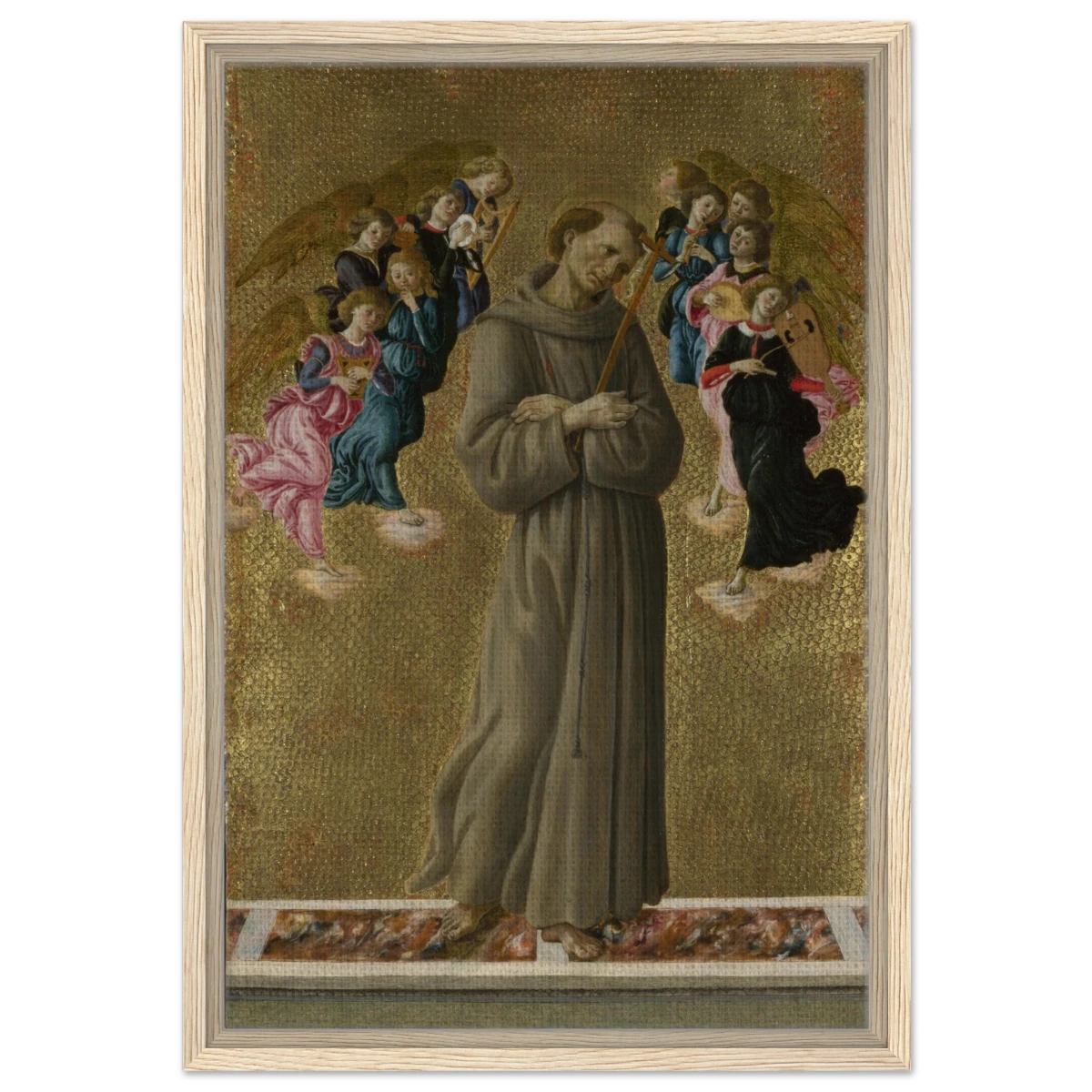 Saint Francis of Assisi with Angels by Sandro Botticelli | Vintage art Wall art print - 40x60 cm / 16x24″ - Framed Canvas - Wood frame