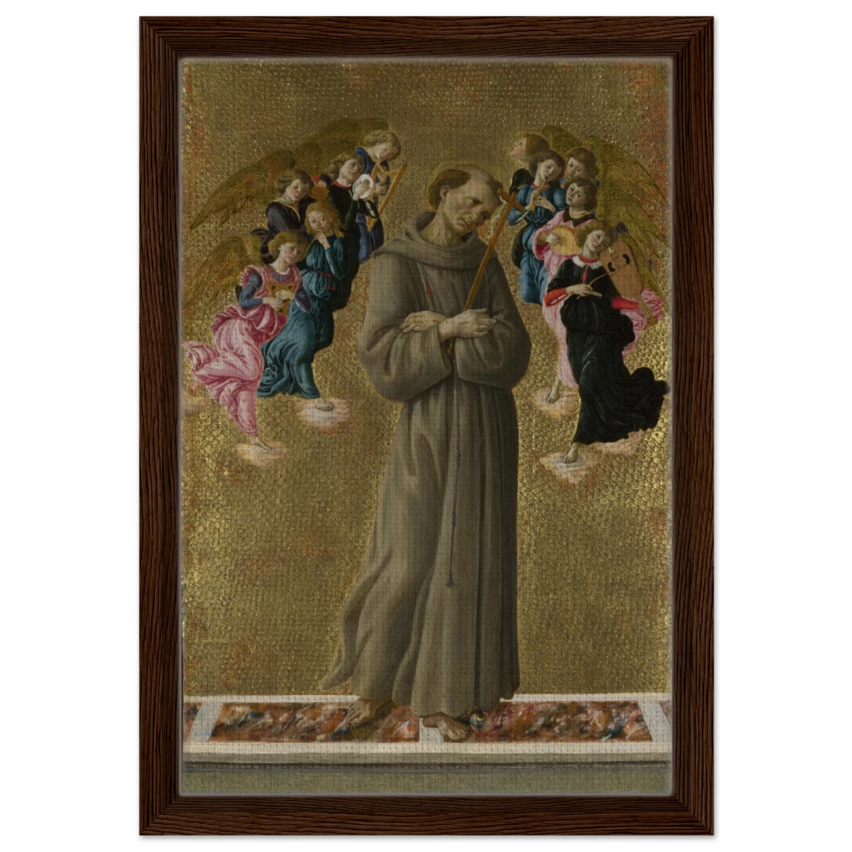 Saint Francis of Assisi with Angels by Sandro Botticelli | Vintage art Wall art print - 30x45 cm / 12x18″ - Framed Canvas - Dark wood frame