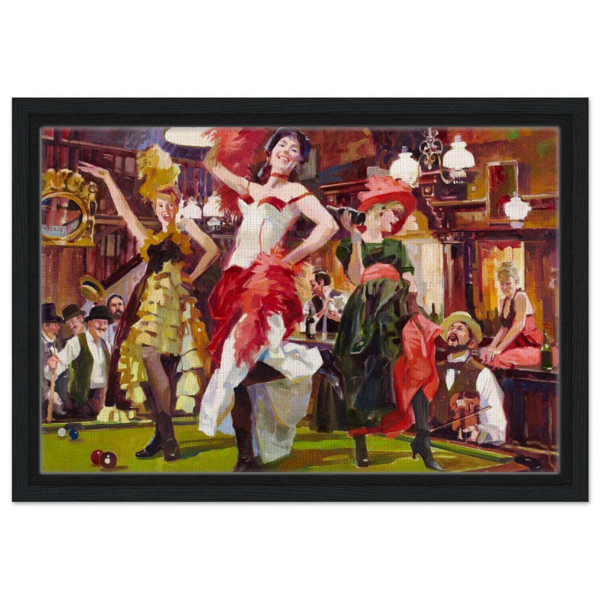 "Saloon Soirée" – Can - Can Dancers in a Wild West Saloon by Bob Byerley | Vintage Western Wall Art Print - Framed Canvas - 30x45 cm / 12x18″ - Black frame