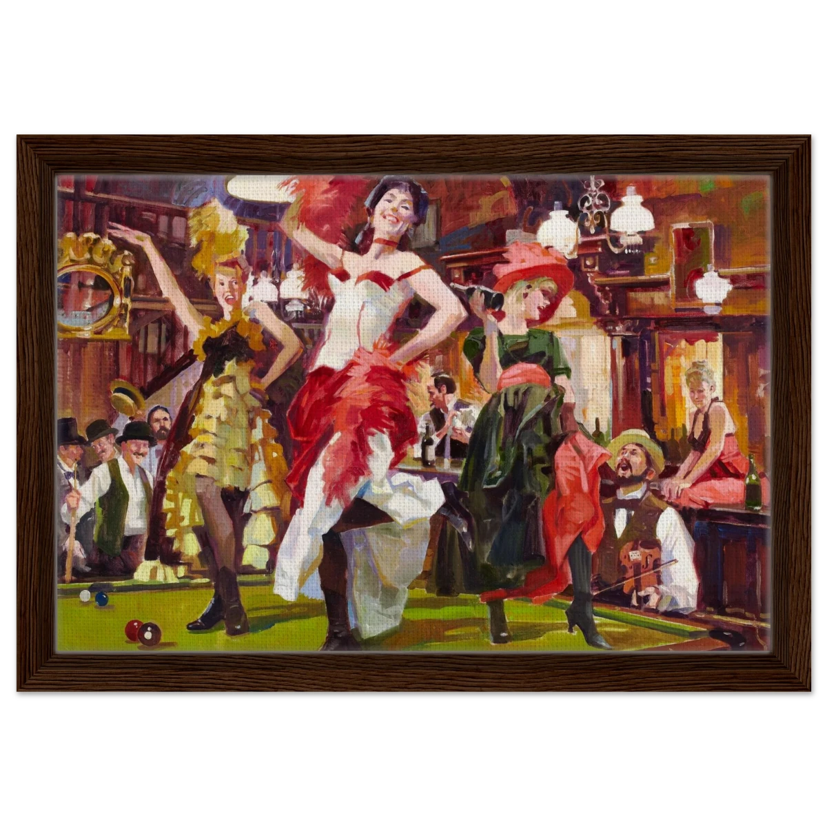 "Saloon Soirée" – Can - Can Dancers in a Wild West Saloon by Bob Byerley | Vintage Western Wall Art Print - Framed Canvas - 30x45 cm / 12x18″ - Dark wood frame