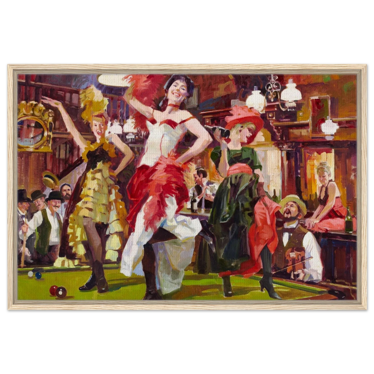 "Saloon Soirée" – Can - Can Dancers in a Wild West Saloon by Bob Byerley | Vintage Western Wall Art Print - Framed Canvas - 60x90 cm / 24x36″ - Wood frame