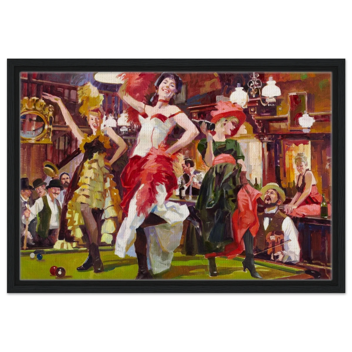 "Saloon Soirée" – Can - Can Dancers in a Wild West Saloon by Bob Byerley | Vintage Western Wall Art Print - Framed Canvas - 40x60 cm / 16x24″ - Black frame