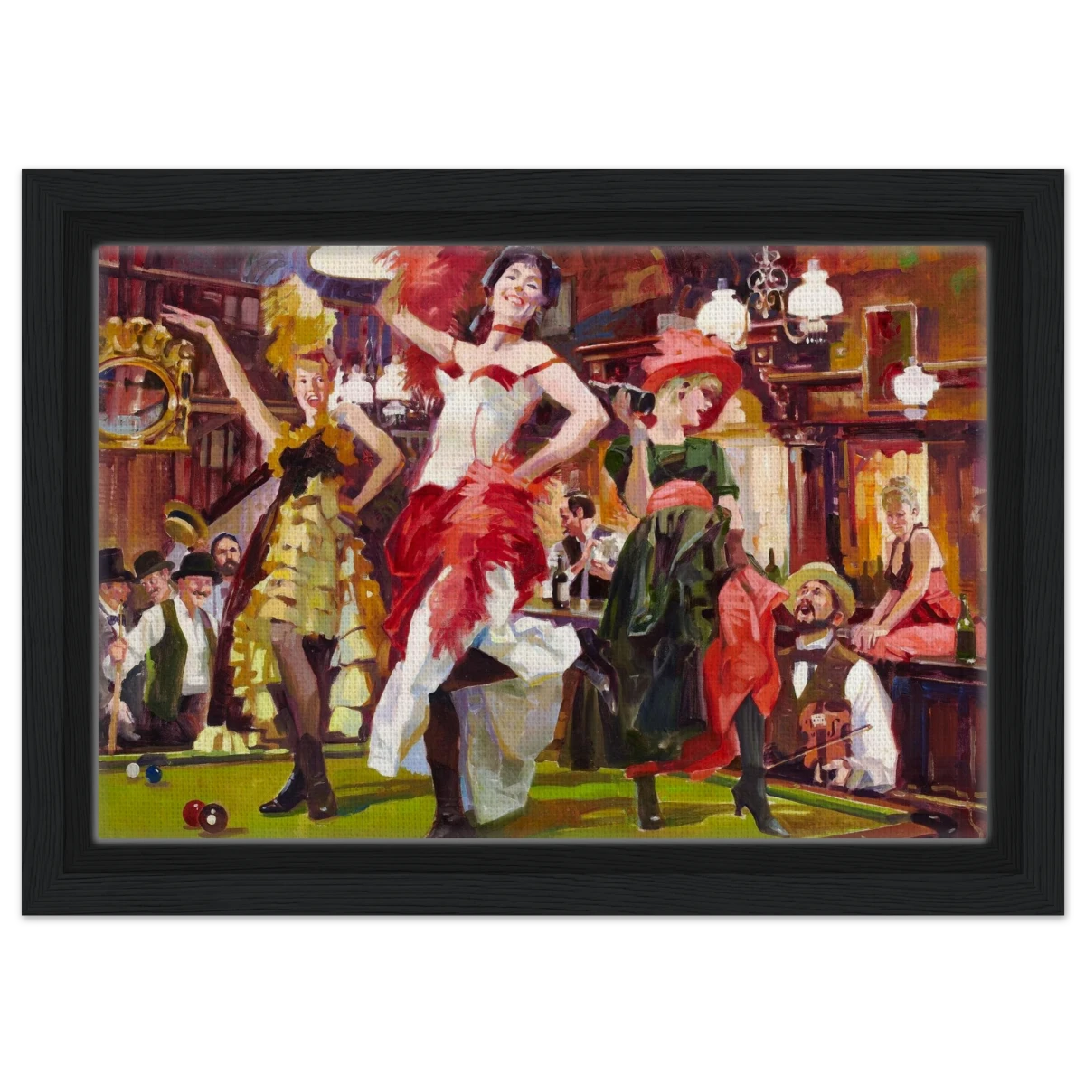 "Saloon Soirée" – Can - Can Dancers in a Wild West Saloon by Bob Byerley | Vintage Western Wall Art Print - Framed Canvas - 20x30 cm / 8x12″ - Black frame